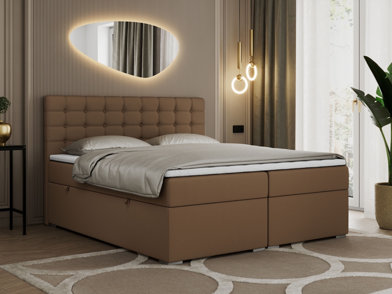 Boxspringbett, Deko Bed mit Matratze und Topper - SUSAN - 140x200cm - Braun Kunstleder - H3 Bild 1