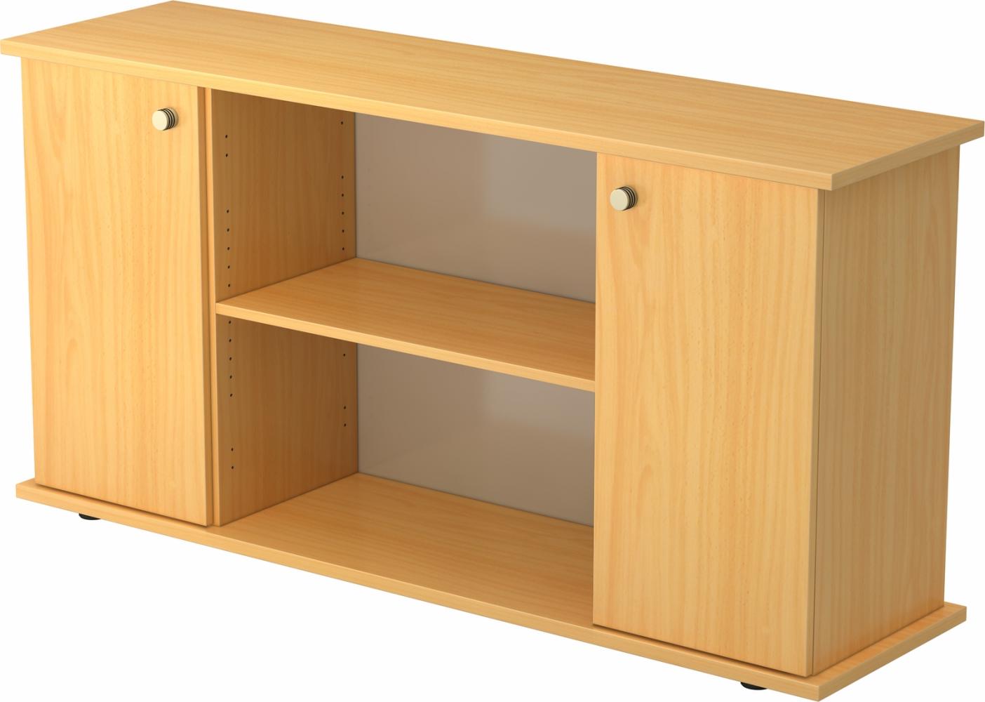 bümö Sideboard Buche mit Flügeltüren & Regal - Büromöbel Sideboard Holz 166cm breit, 45cm schmal, Büro Schrank für Flur oder als Wohnzimmer-Kommode mit Streifengriff, SB2T-6-6-SG Bild 1