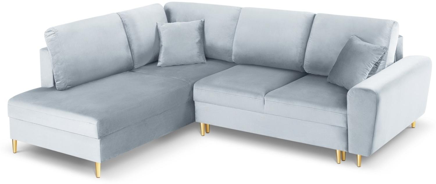 Micadoni 5-Sitzer Samtstoff Ecke links Sofa mit Bettfunktion und Box Moghan | Bezug Light Blue | Beinfarbe Gold Metal Bild 1