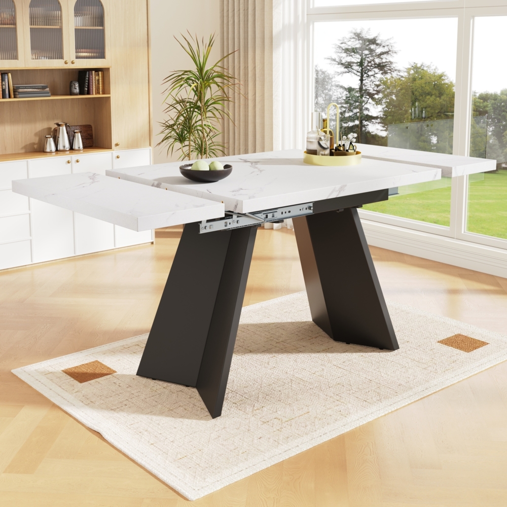 Merax Esstisch Teleskoptisch(99-159×74cm), Ausziehbarer Esstisch, platzsparender Küchentisch,Breite Arbeitsfläche, Flexibles Design, für Homeoffice und Wohnzimmer, Weißer Tischplatte mit Flache Tischbeine Bild 1