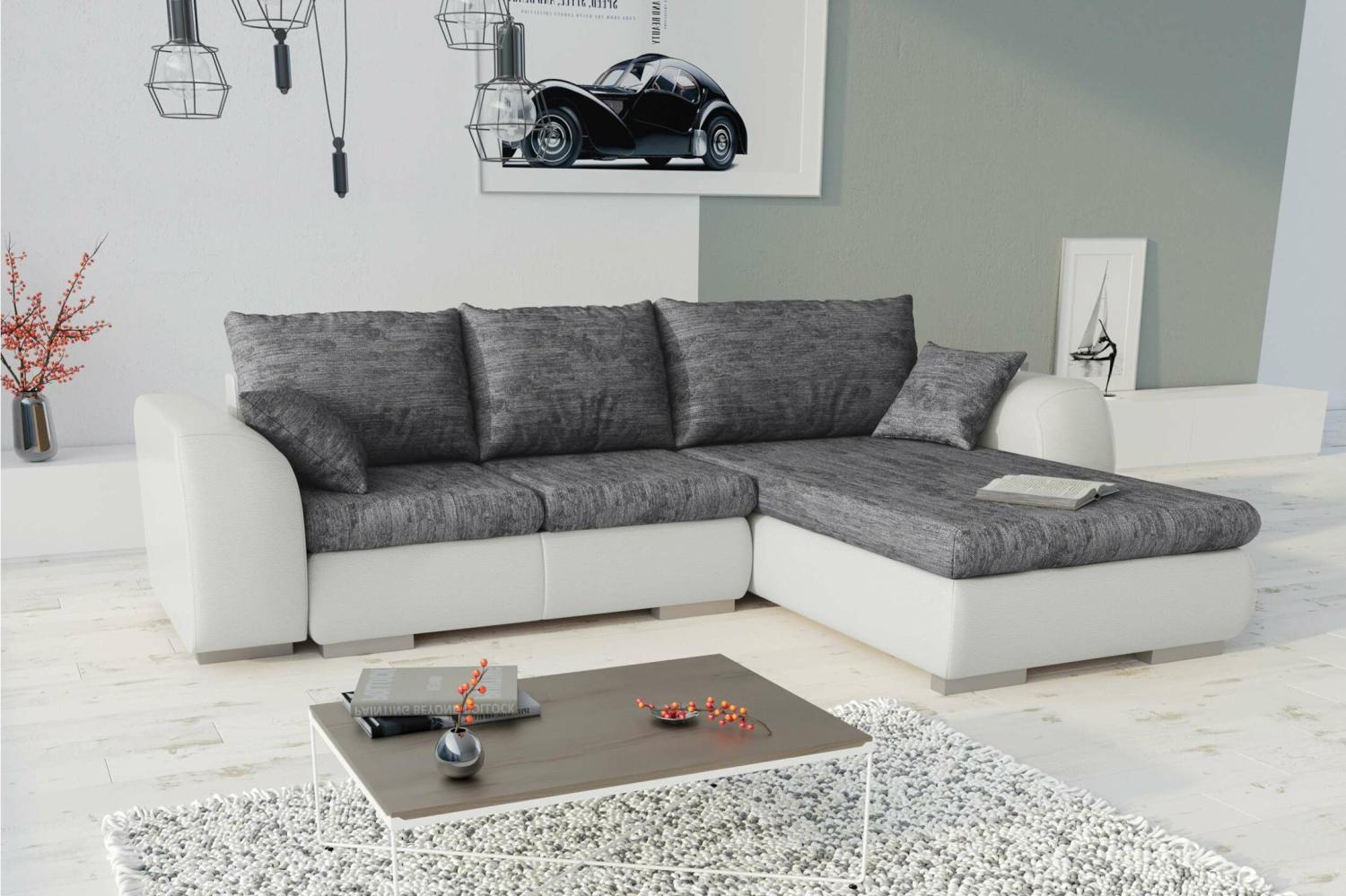 Stylefy Salturo Ecksofa Strukturstoff BERLIN Kunstleder MADRYT Grau Weiß Rechts Bild 1