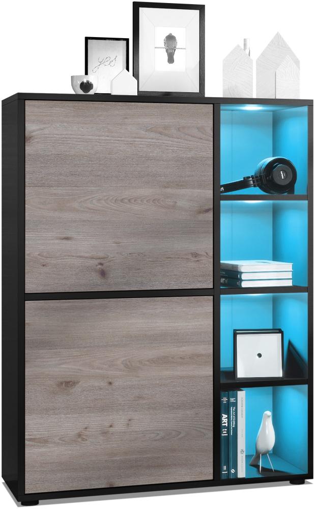 Highboard Schrank Anrichte Cuba mit 8 Fächern, Korpus in Schwarz matt / Fronten in Eiche Nordic, mit RGB LED Beleuchtung Bild 1