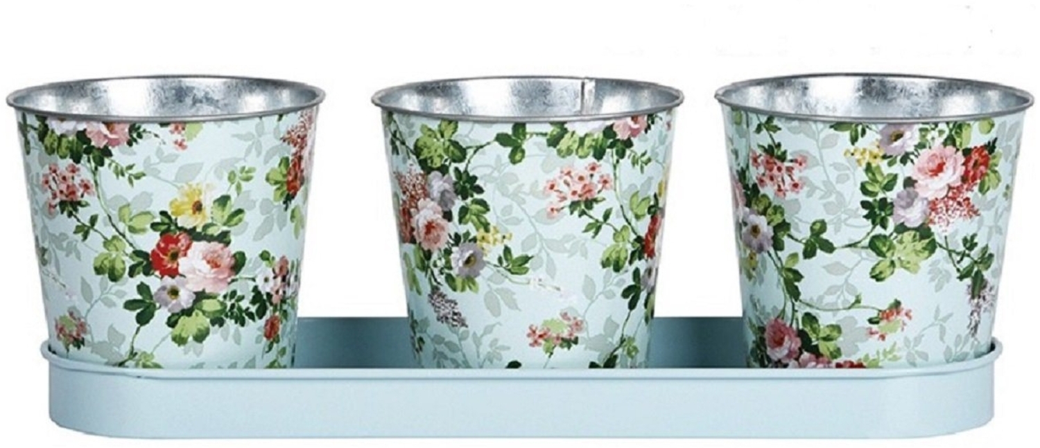 Linoows Pflanzkübel Blumentopf Set Rosen, 3er Garten Metall Topfset (Set), 3 Pflanzentöpfe mit Rosendruck, Pflanztopf Tray Bild 1