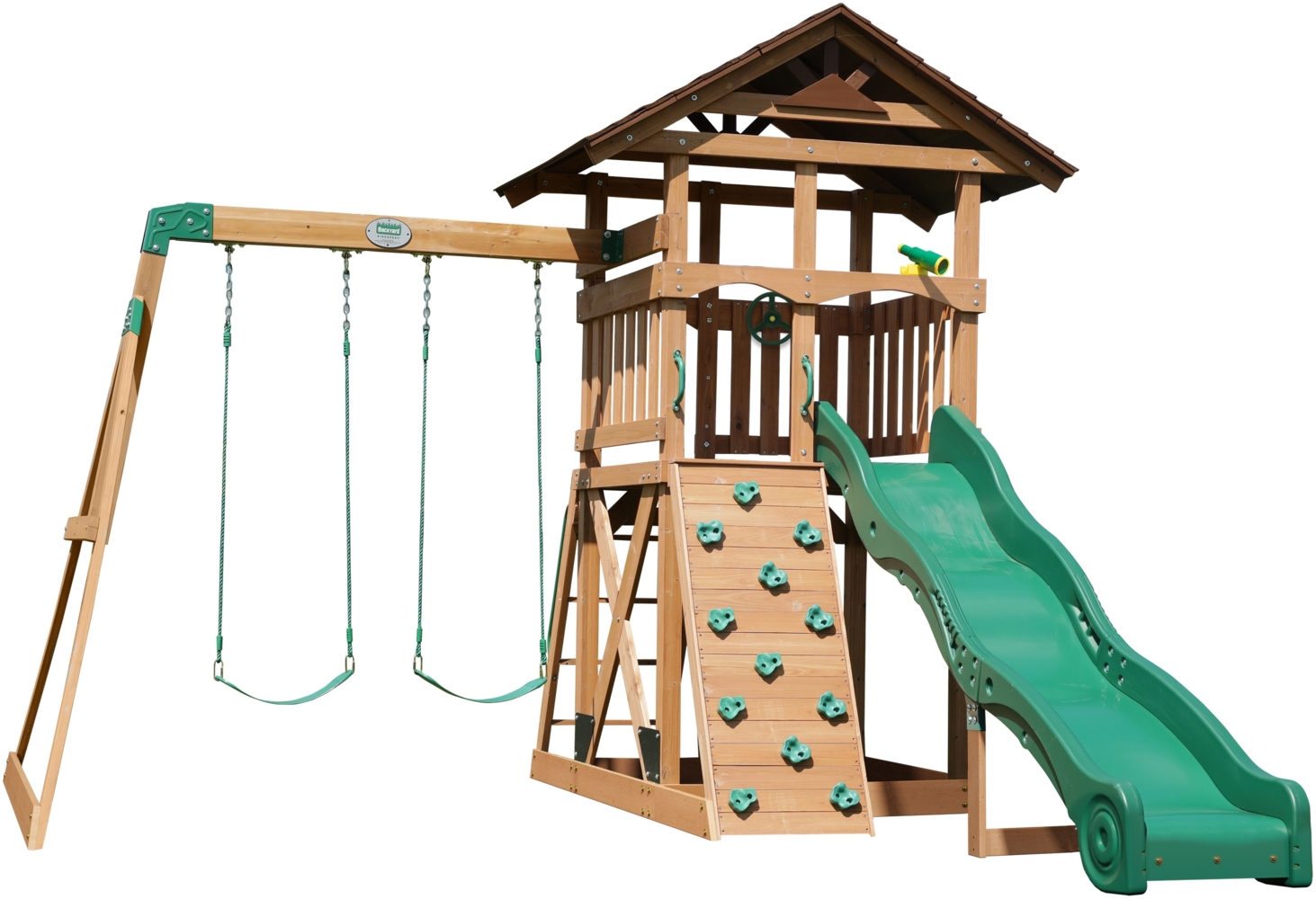 Backyard Discovery Spielturm Lightning Ridge aus Holz XXL-Kinderspielhaus mit Doppelschaukel/Rutsche/Kletterwand/Leiter/Sandkasten/Zubehör inklusive | Braun, grün | Holz | 380 cm Bild 1