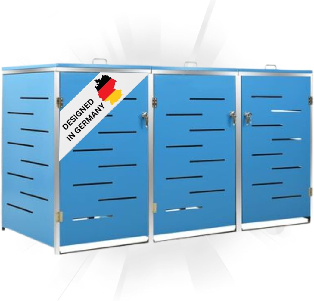 DELUKE® 3er Mülltonnenbox JAGU Edelstahl Blau 115x207x77,5cm Mülltonnenverkleidung für 3 Tonnen 240L Müllbox aus Metall Mülltonnenschutz Mülltonnendach Bild 1