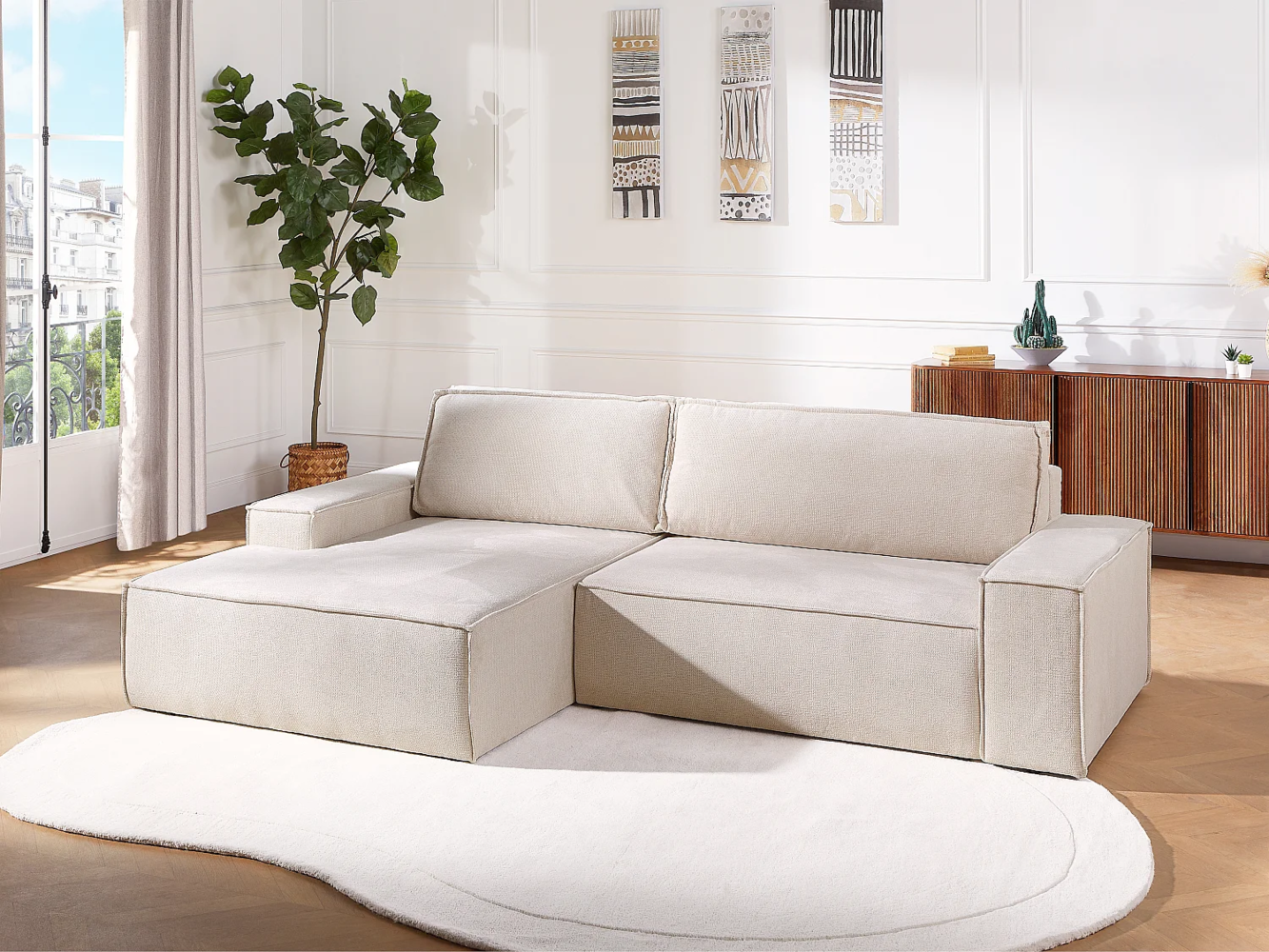 Vente-unique - Ecksofa mit Schlaffunktion - Ecke links - Strukturstoff - Beige - AMELIA Bild 1