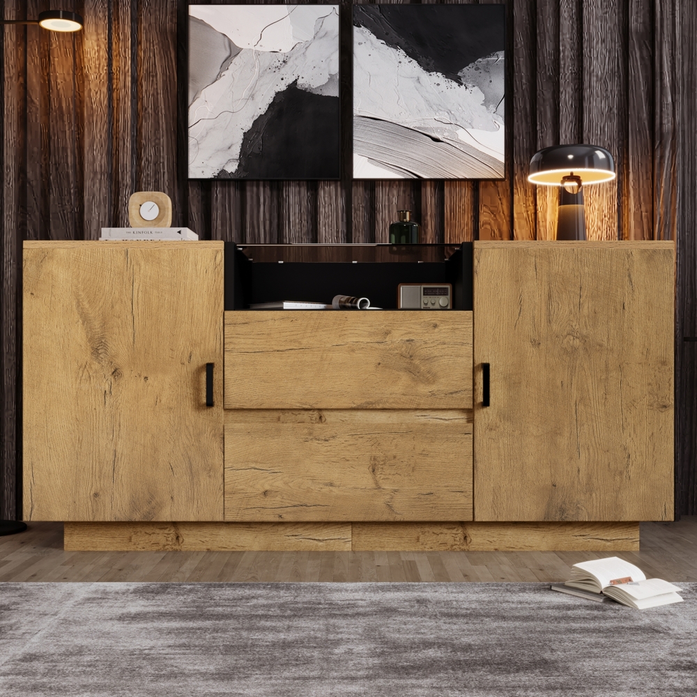 Sideboard Kommode mit ESG-Glas und Eichenoptik 140x40x70 cm,Anrichte mit Schubladen & verstellbaren Einlegeböden Bild 1
