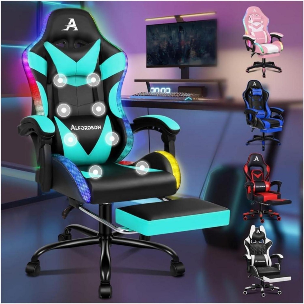 Gaming-Stuhl LED 150° Neigung Massage Chefsessel PU höhenverstellbar Rennstuhl Bild 1