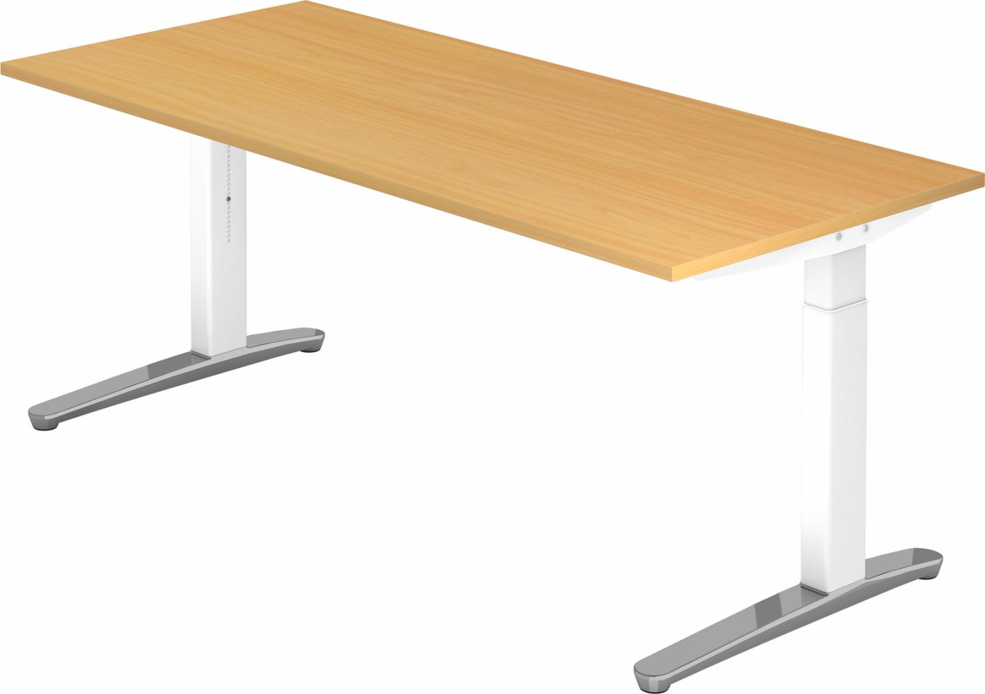 bümö® Design Schreibtisch XB-Serie höhenverstellbar, Tischplatte 180 x 80 cm in Buche, Gestell in weiß/alu poliert Bild 1