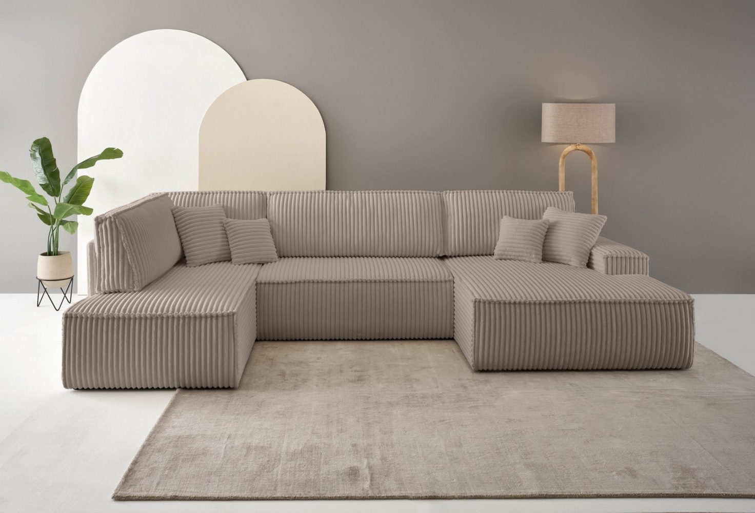 andas Wohnlandschaft FINNLEY U-Form XXL 329 cm, Schlafsofa, Schlaffunktion m. Bettkasten, (194/139 cm), Bouclé, Struktur und Cord Bild 1