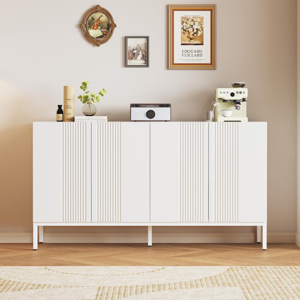 Merax Modernes Sideboard, Kommode, mit einzigartiger Linie, 4-türig, grifflose Tür, für Esszimmer, Wohnzimmer und Küche (Weiß) Bild 1