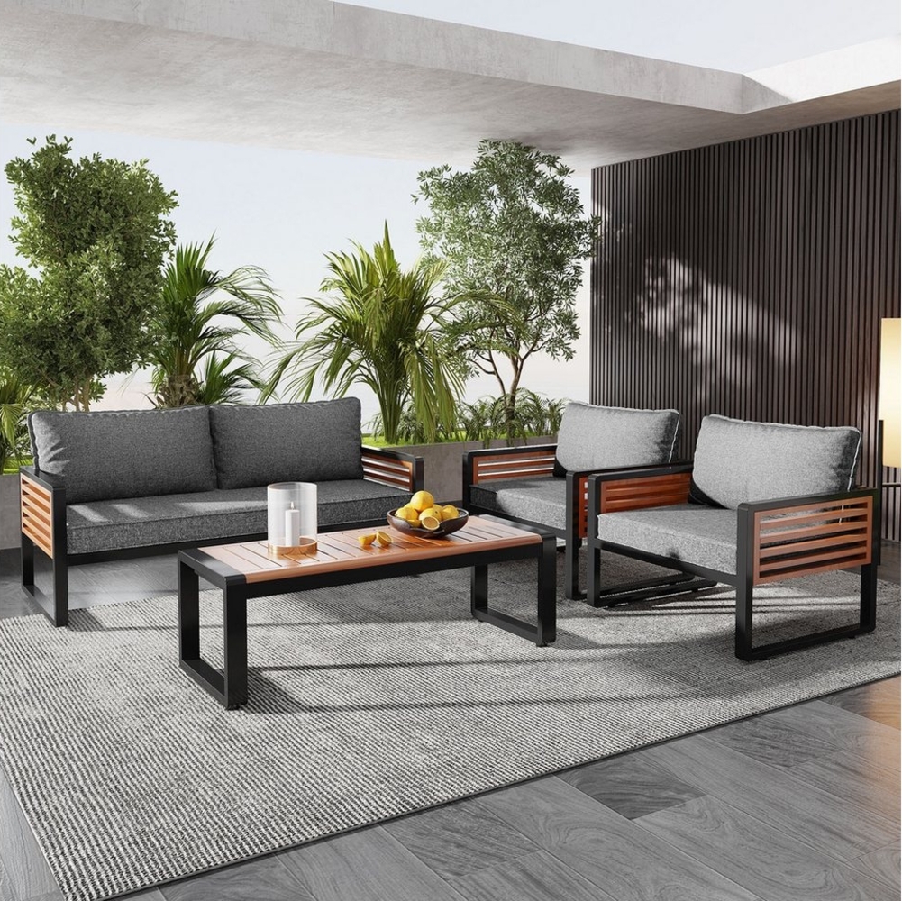 Celya Gartenlounge-Set Gartenmöbel-Set, mit 1 Sofas, mit esstisch, 2 Einzelstühle, 4 personen, (Hof, Außenbereich, Wohnzimmer, 1x2-Sitzer-Sofa, 2x Einzelstühle, 1x Tisch), mit verzinktem Eisenrahmen, dekorative Armlehnen aus Holz Bild 1