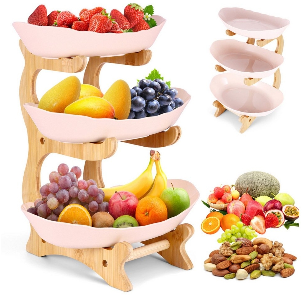 BlingBin Etagere Obst Etagere 3 Stöckig mit Bambus-Ständer, PP Obstschale, Holz, PP, (1er Set, 1-tlg, Produktmaße: 32 × 28 × 22,5 cm, Material: Holz, PP), Platzsparendes Obstkorb Etagere für Gemüse, Obst, Snacks, Beige Bild 1