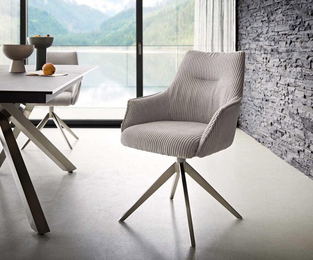 Drehstuhl Alja-Flex mit Armlehnen Cord Silbergrau Kreuzgestell breit Edelstahl 360° drehbar Taschenfederkern Bild 1