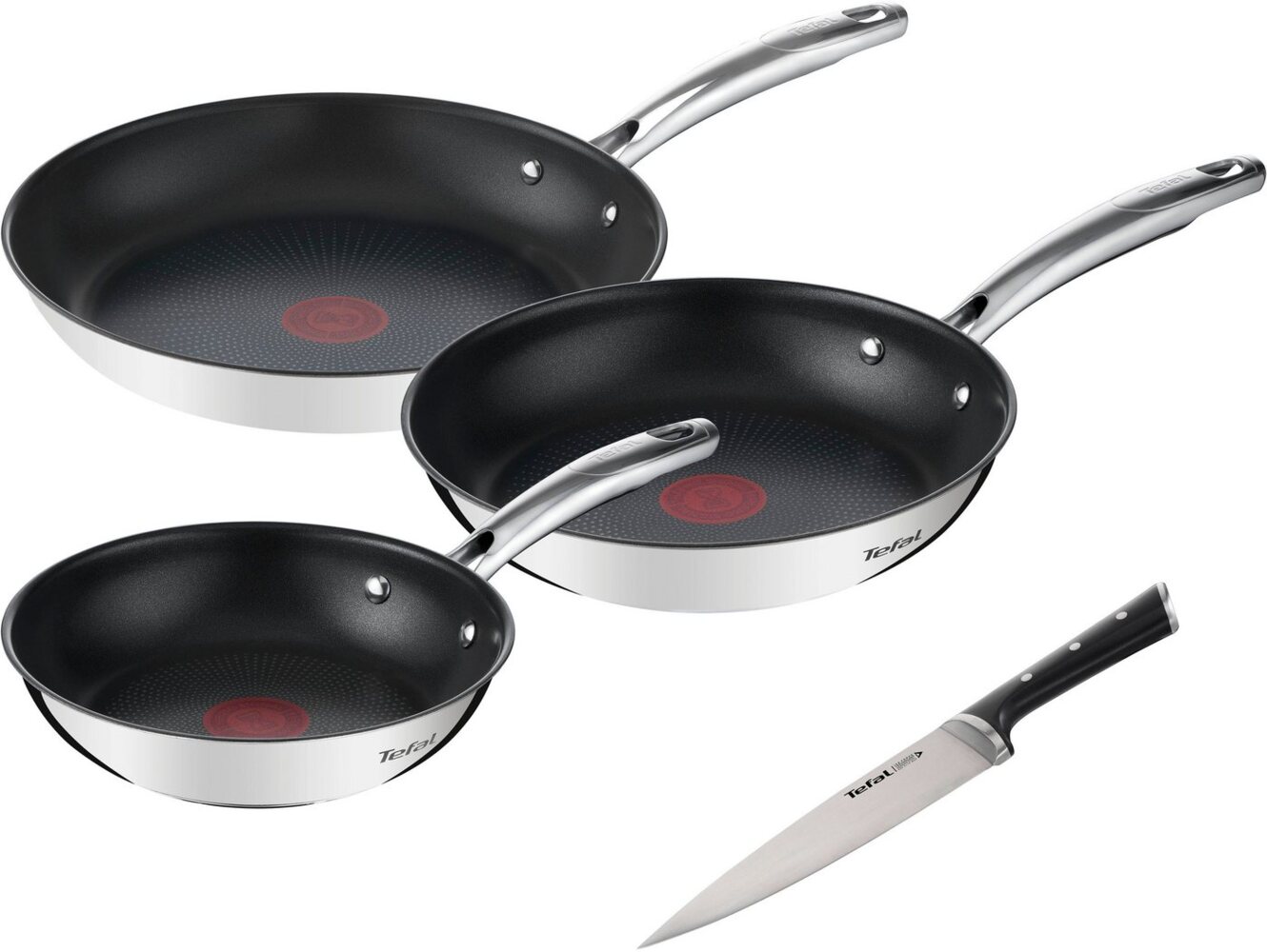 Tefal Pfannen-Set Duetto+ Ice Force, Edelstahl 18/10 (Set, je 1 Bratpfanne Ø 20/24/28 cm, 1 Kochmesser 20 cm), Edelstahl in Premium Qualität, Thermo-Signal, inkl. Kochmesser Bild 1