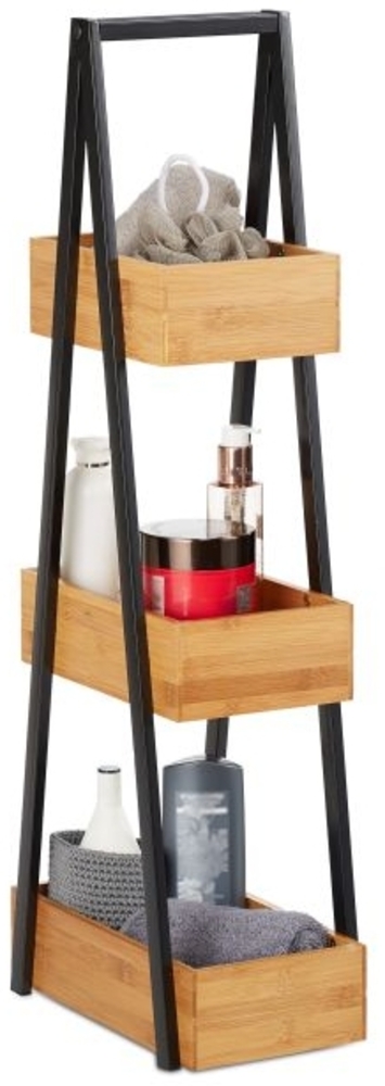 Relaxdays Badregal mit 3 Ablagen, Bambus natur / schwarz, 18 x 30 x 82 cm Bild 1