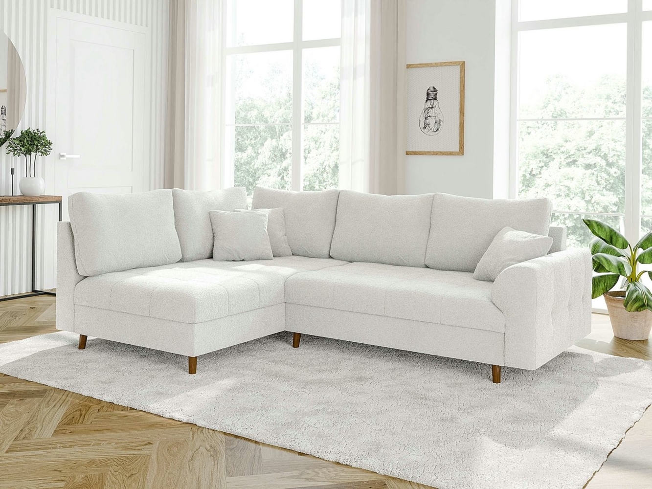 S-Style Möbel Ecksofa Leif mit Braun Holzfüßen im skandinavischen Stil aus Boucle-Stoff, Ottomane links oder rechts bestellbar, mit Wellenfederung Bild 1