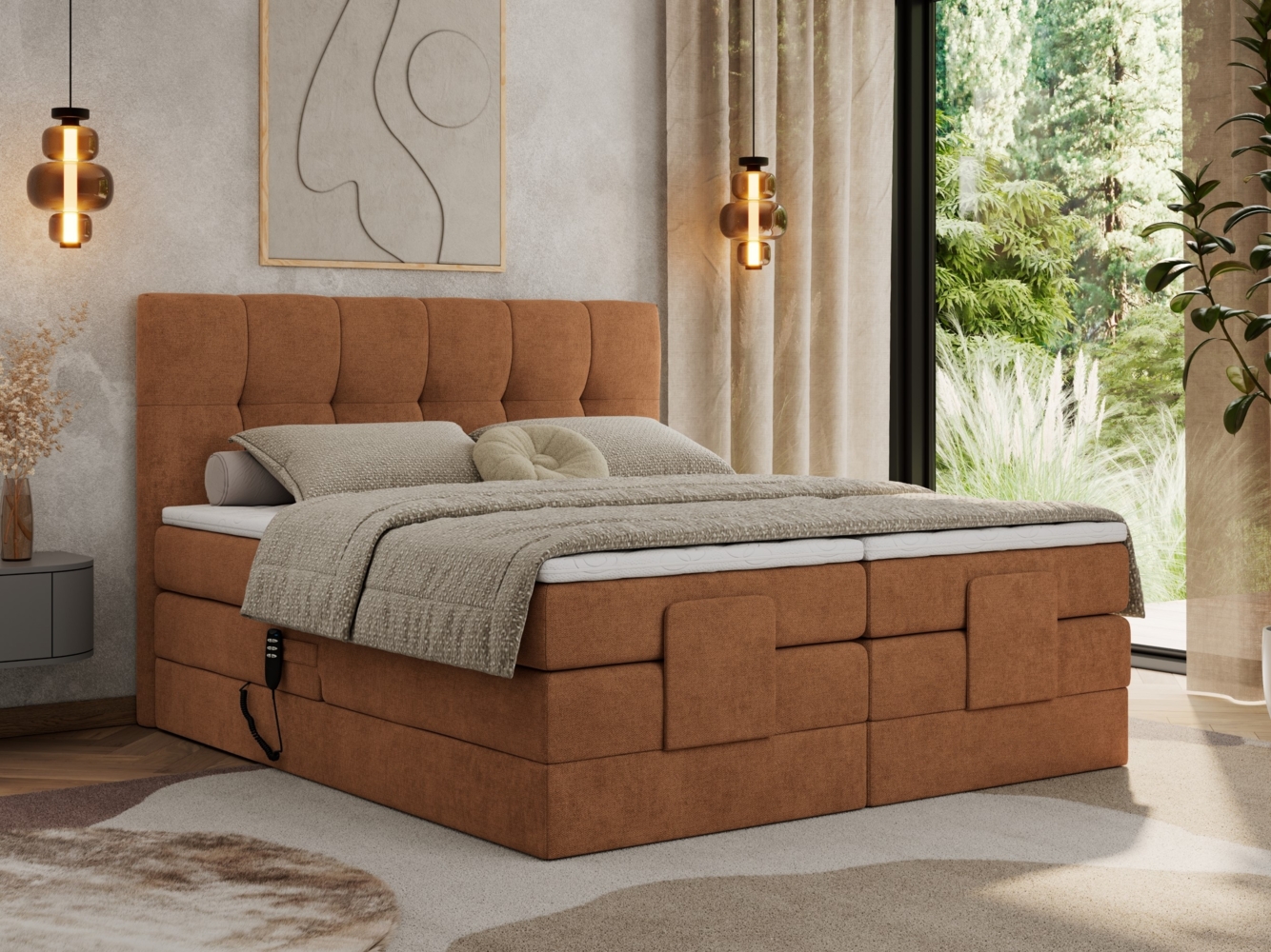 Elektrisches Bett, Boxspringbett mit Multipocket-Matratzen und Elektrisch verstellbare - VITTORIA - 200 x 200 cm - Orange Stoff - H4 Bild 1