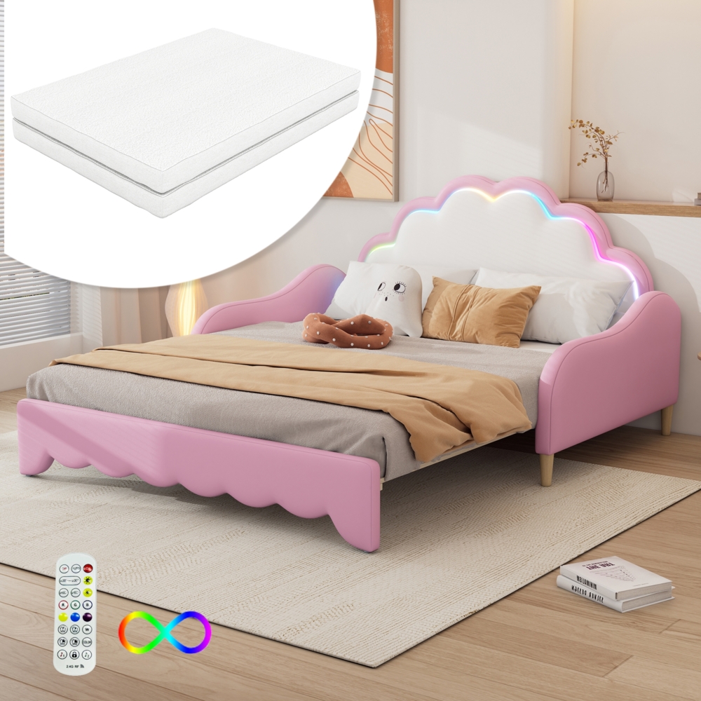 Merax 140*198cm Sofabett, umwandelbar in ein flaches Bett, Kopfteil mit Umgebungslicht, komplett mit Matratze, Fernbedienung, Rosa Bild 1