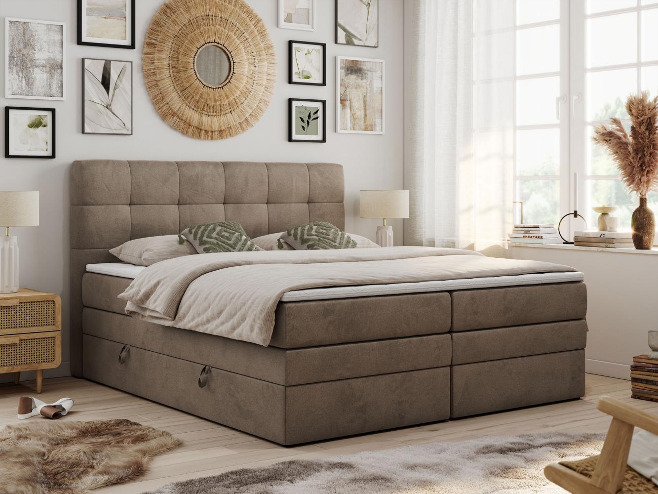 Boxspringbett mit Kopfteil und Topper, Polsterbett - LUKA-KING - 120x200cm - Braun Velours - H4 Bild 1