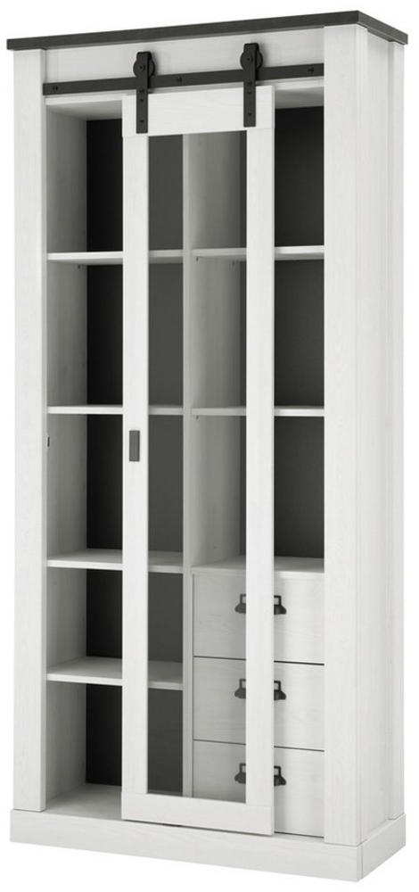 Lomadox Vitrine SHELTON-61 Vitrinenschrank Pinie weiß Nb. mit anthrazit, B/H/T: ca. 93/201/38 cm Bild 1