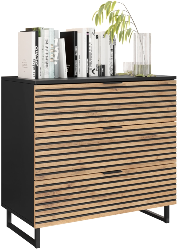 Mirjan24 'Tranai' Sideboard, Laminatplatte Schwarz Graphit / Wotan Eiche, 76 x 40 x 80 cm Bild 1