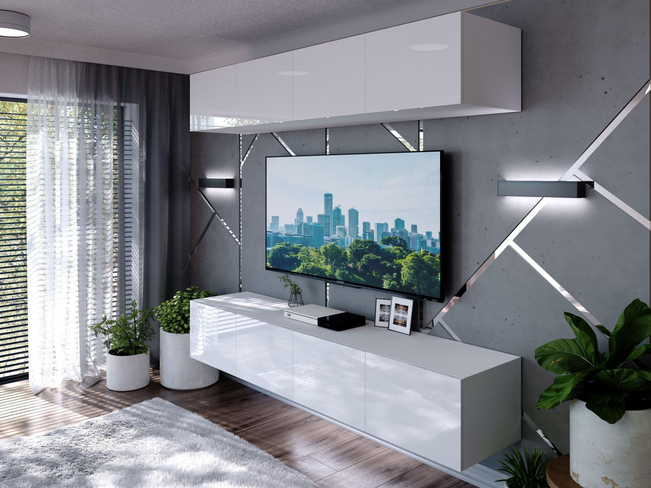 Domando Wohnwand Imperia M1 Modern für Wohnzimmer Breite 200cm, variabel hängbar, Push-to-open-System, LED Beleuchtung in weiß, Hochglanz in Weiß Matt und Weiß Hochglanz Bild 1