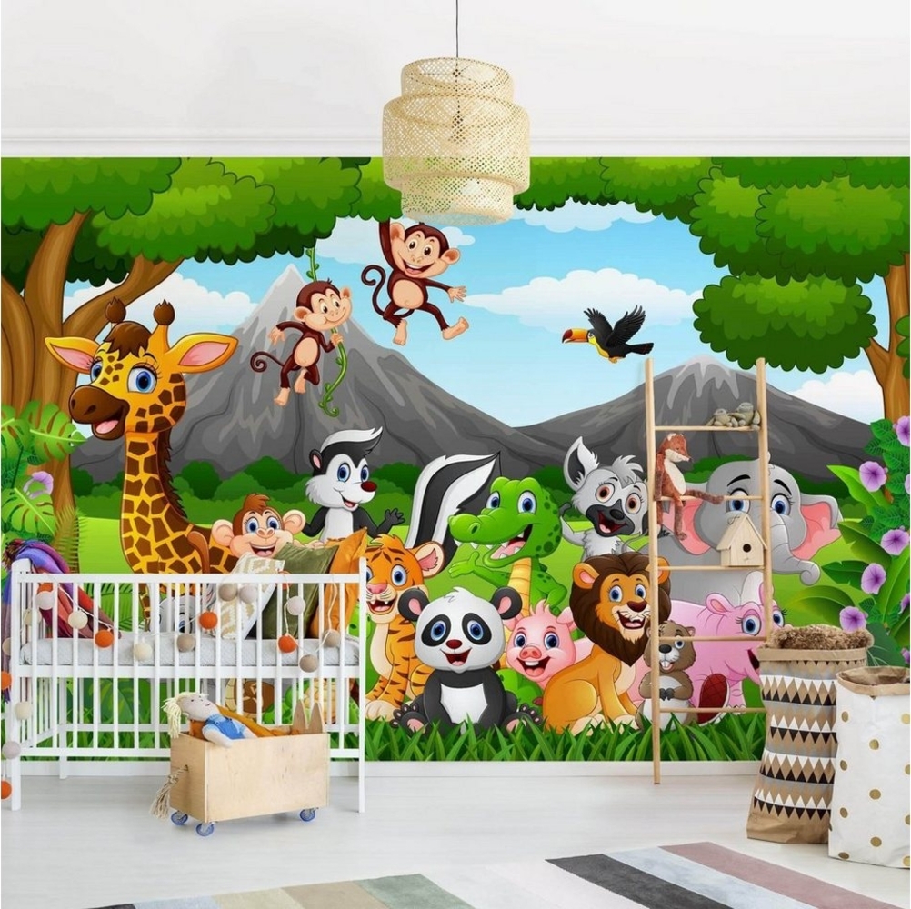 Bilderdepot24 Kindertapete Kinderzimmer Wilde Dschungeltiere Wanddeko Panda Giraffe Affen Elefant, Glatt, Matt, (Vliestapete inkl. Kleister oder selbstklebend), Mädchenzimmer Jungenzimmer Babyzimmer Bildtapete Fototapete Wandtapete Bild 1