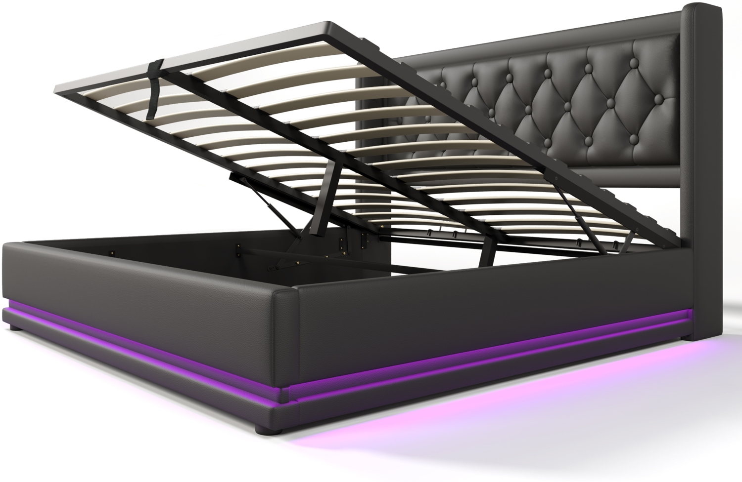 Polsterbett 160x200 cm, PU-Kunstleder, hydraulischer Bettkasten, gepolstertes Kopfteil mit USB Typ‑C und 3‑seitiger LED,Schwarz Bild 1