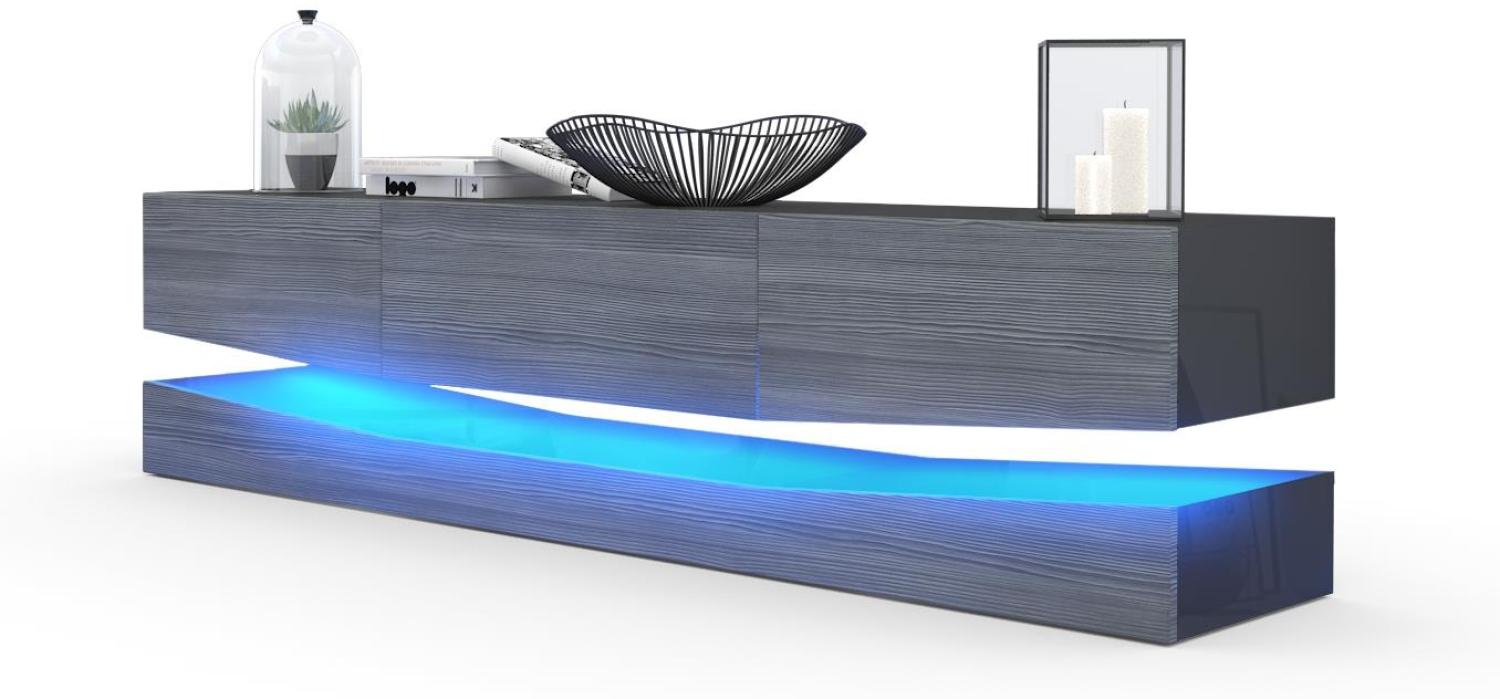 Vladon Lowboard City, TV-Kommode mit Sockelelement, 1 offenem Fach und 3 Schubkästen, Schwarz Hochglanz/Avola-Anthrazit, inkl. LED-Beleuchtung (178 x variabel x 39 cm) Bild 1