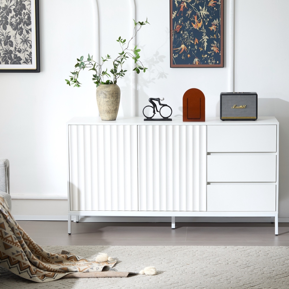 Merax 150cm Sideboard, Aufbewahrungsschrank, Wellenmuster-Design, verstellbare Einlegeböden, 3 Schubladen, geeignet für Küche, Wohnzimmer, Korridor, weiß Bild 1