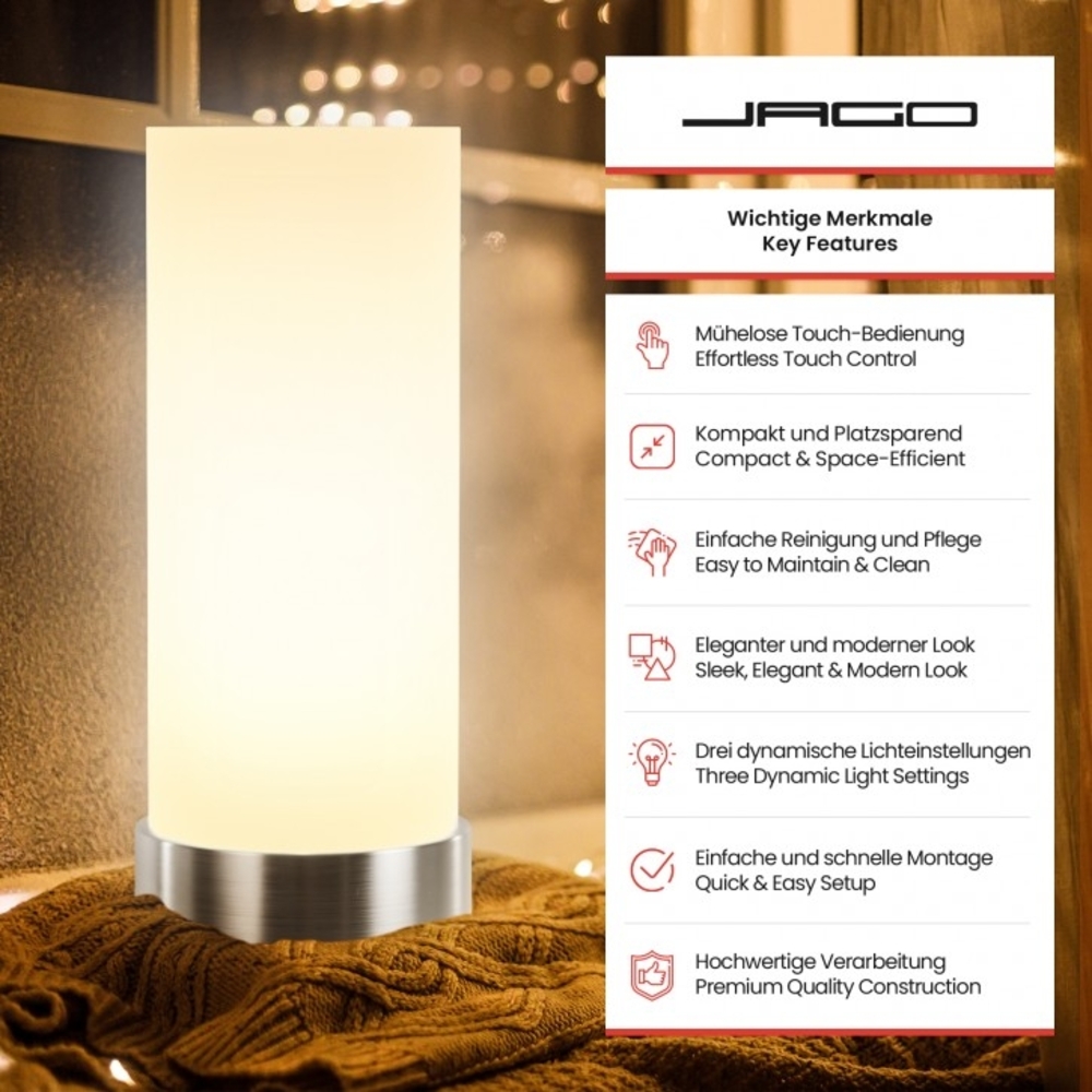 Jago® Tischlampe mit Dimmer Touchfunktion E14 / LED, dimmbar - Nachttischlampe, Nachttischleuchte, Bürolampe - für Wohnzimmer, Schlafzimmer, Kinderzimmer Bild 1