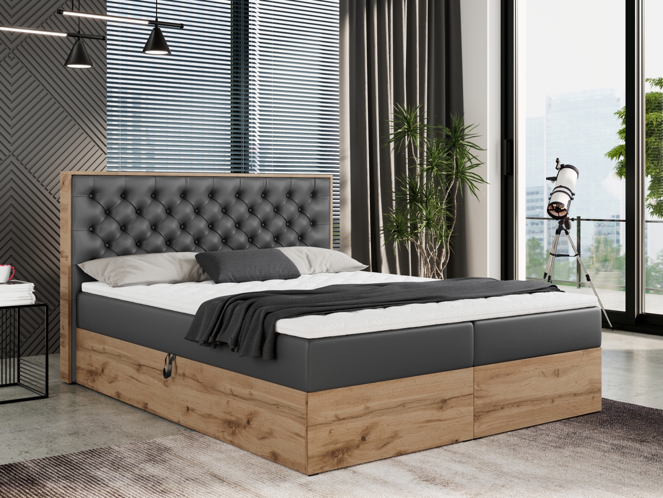 Boxspringbett mit Multipocket-Matratze und Zwei Bettkästen, Doppelbett mit Stauraum - ALBERO 3 - 140 x 200 cm - Grau Kunstleder - H3 Bild 1