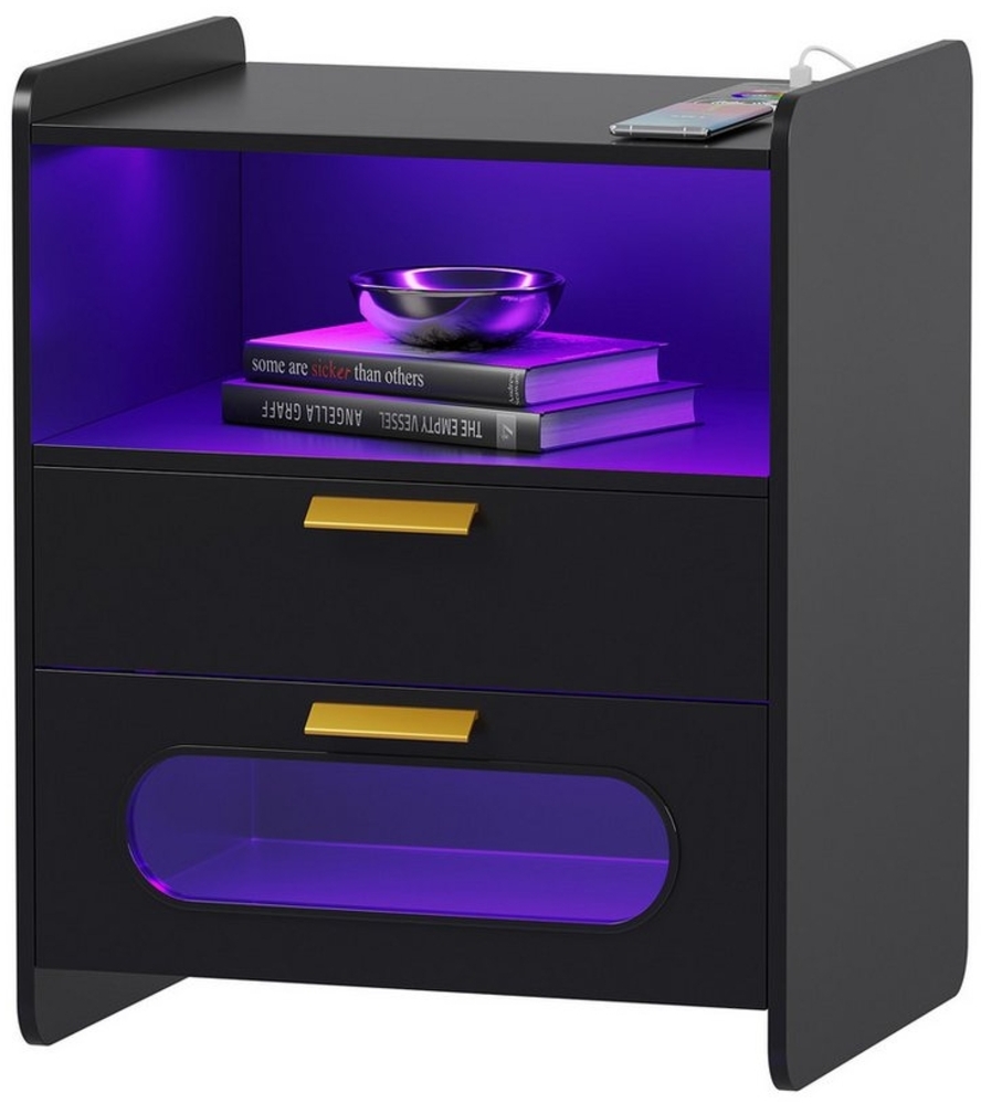 LVifur Nachttisch Smart Nachtschrank mit Bewegungssensor/RGB LED-Licht/2 Schubladen (1-St), 24-Farben-DIMM-Modi, kabelloses Laden, 40T x 50B x 58H cm, schwarz Bild 1