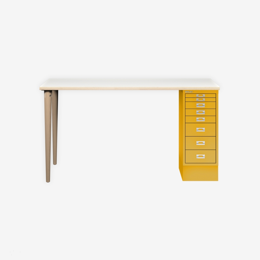 MultiDesk, 2 Eichenfüße, 1 MultiDrawer mit 8 Schüben, Dekor Plywood, Farbe Sunflower, Maße: H 740 x B 1400 x T 600 mm Bild 1