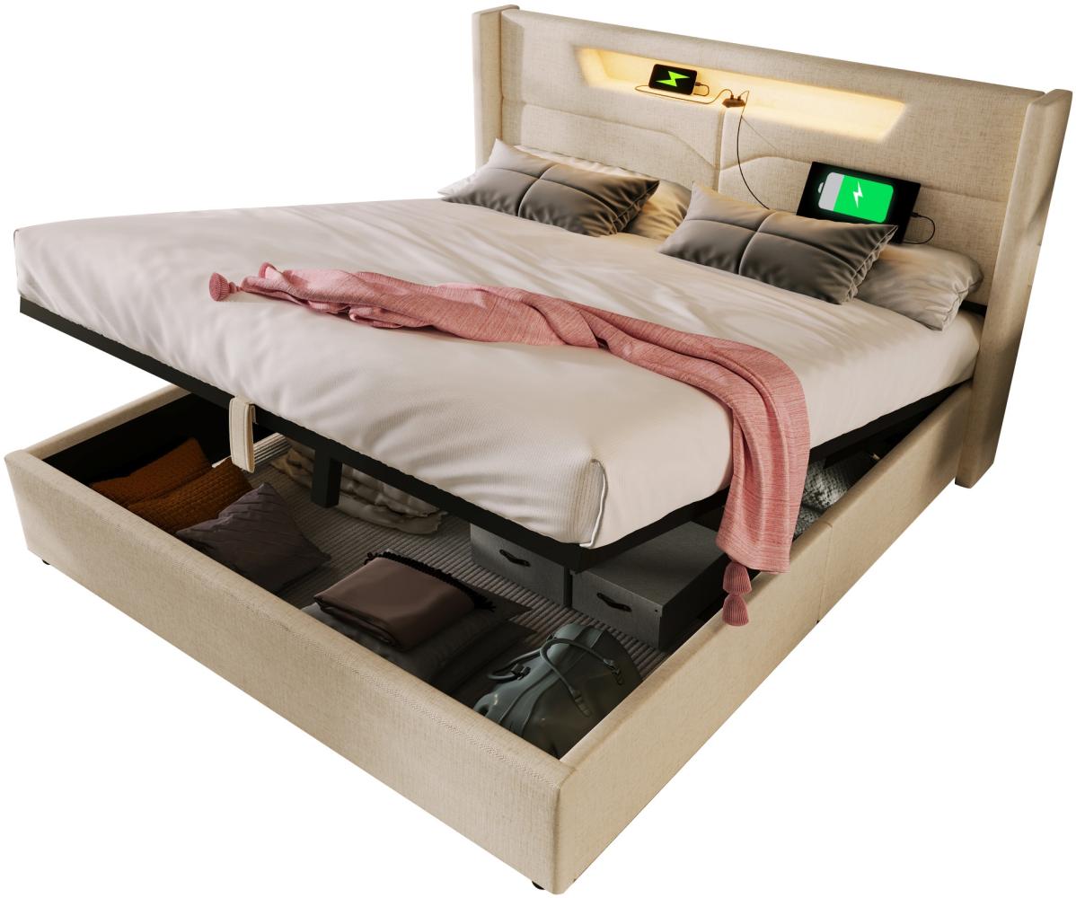 Merax Polsterbett LED Doppelbett mit USB Typ C und LED-Beleuchtung,Baumwolle-Leinen Bezug Stauraumbett 160x200cm, beige Bild 1