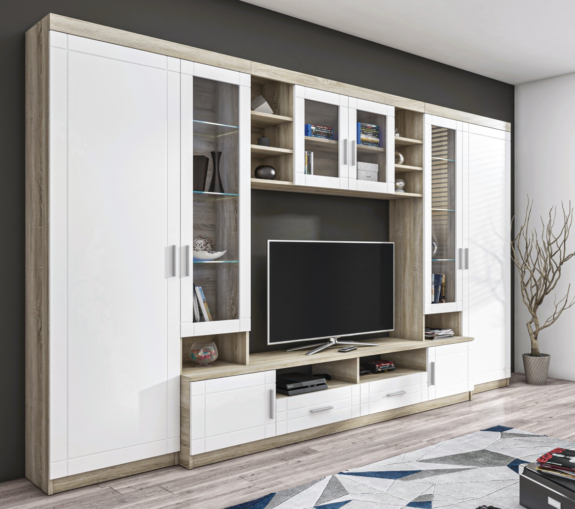 AX LIVING Parisca Wohnwand mit viel Stauraum 340cm, sonoma eiche/weiß Bild 1