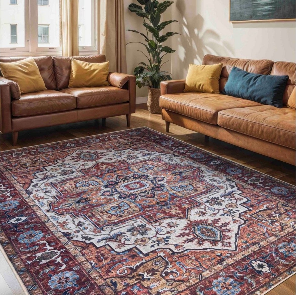 Mazovia Orientteppich Teppich Oriental Orientteppich Wohnzimmer Orient Muster Rot Braun, 80 x 150 cm, Fußbodenheizung, Allergiker geeignet, Rutschfest Bild 1