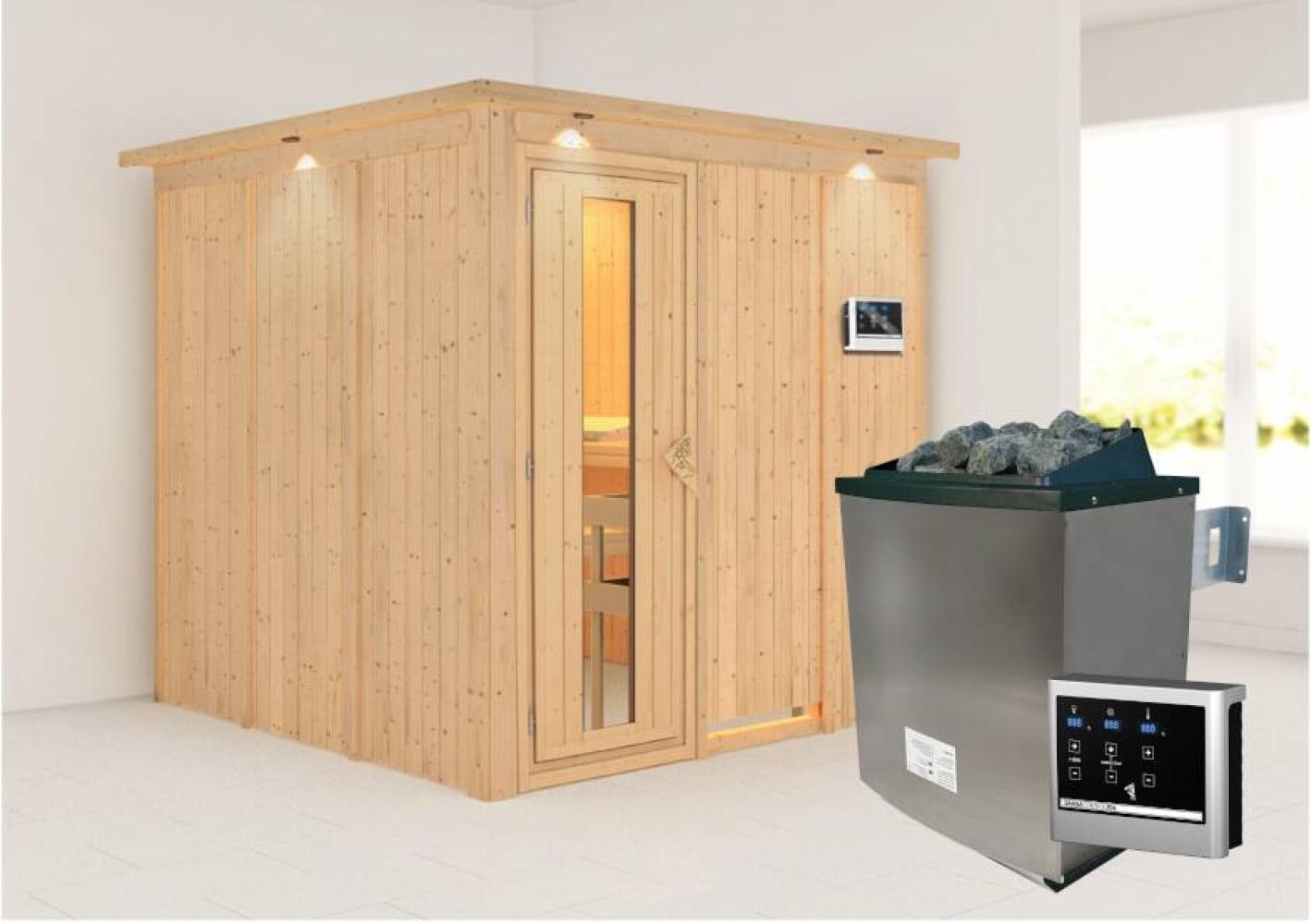 Karibu Sauna Rodin mit Dachkranz + 9kW Saunaofen mit ext. Steuerung Graphit-Ganzglastür Bild 1