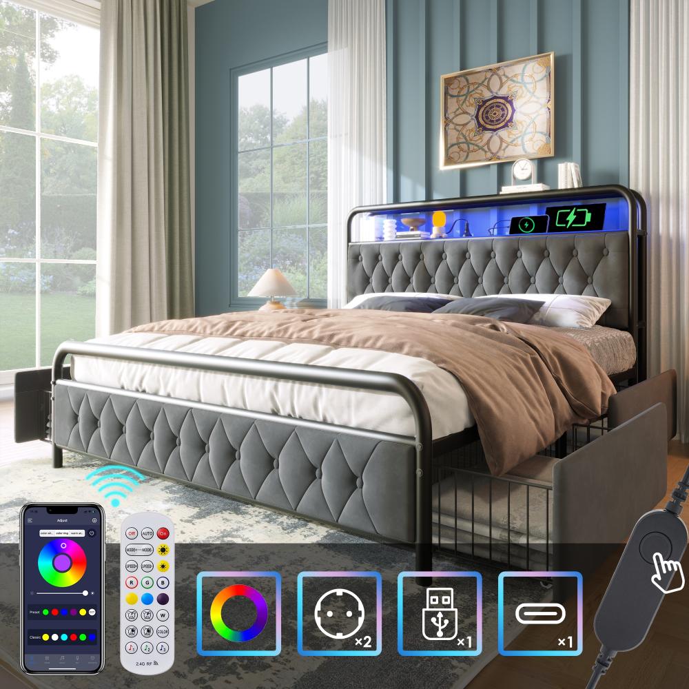 Merax Polsterbett Doppelbett mit aufladen USB Type C Ladefunktion APP-Control LED Bettgestell Metallbett 140×200 Bettrahmen und 4 Schubladen, Samt (Ohne Matratze) , Grau Bild 1