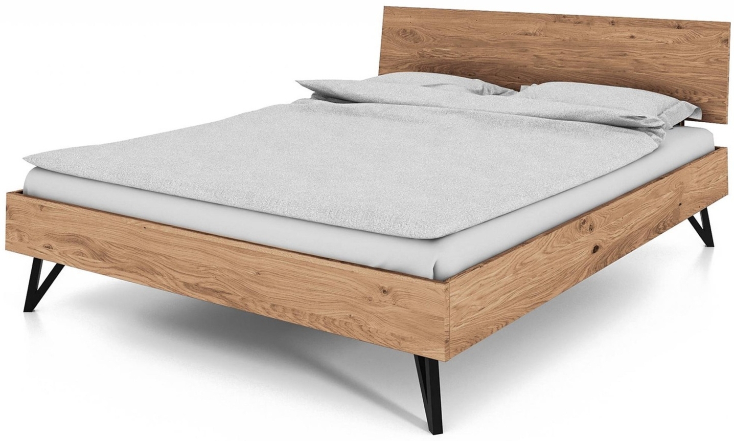 Bett Rolo 200x200 cm aus Wildeiche bianco massiv Holzkopfteil und Metallbeinen Bild 1