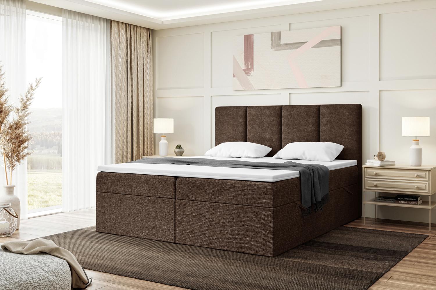 MEBLINI Boxspringbett CRISTIANO 180x200 cm mit Bettkasten - H4/Braun Webstoff Polsterbett - Doppelbett mit Topper & Taschenfederkern-Matratze Bild 1