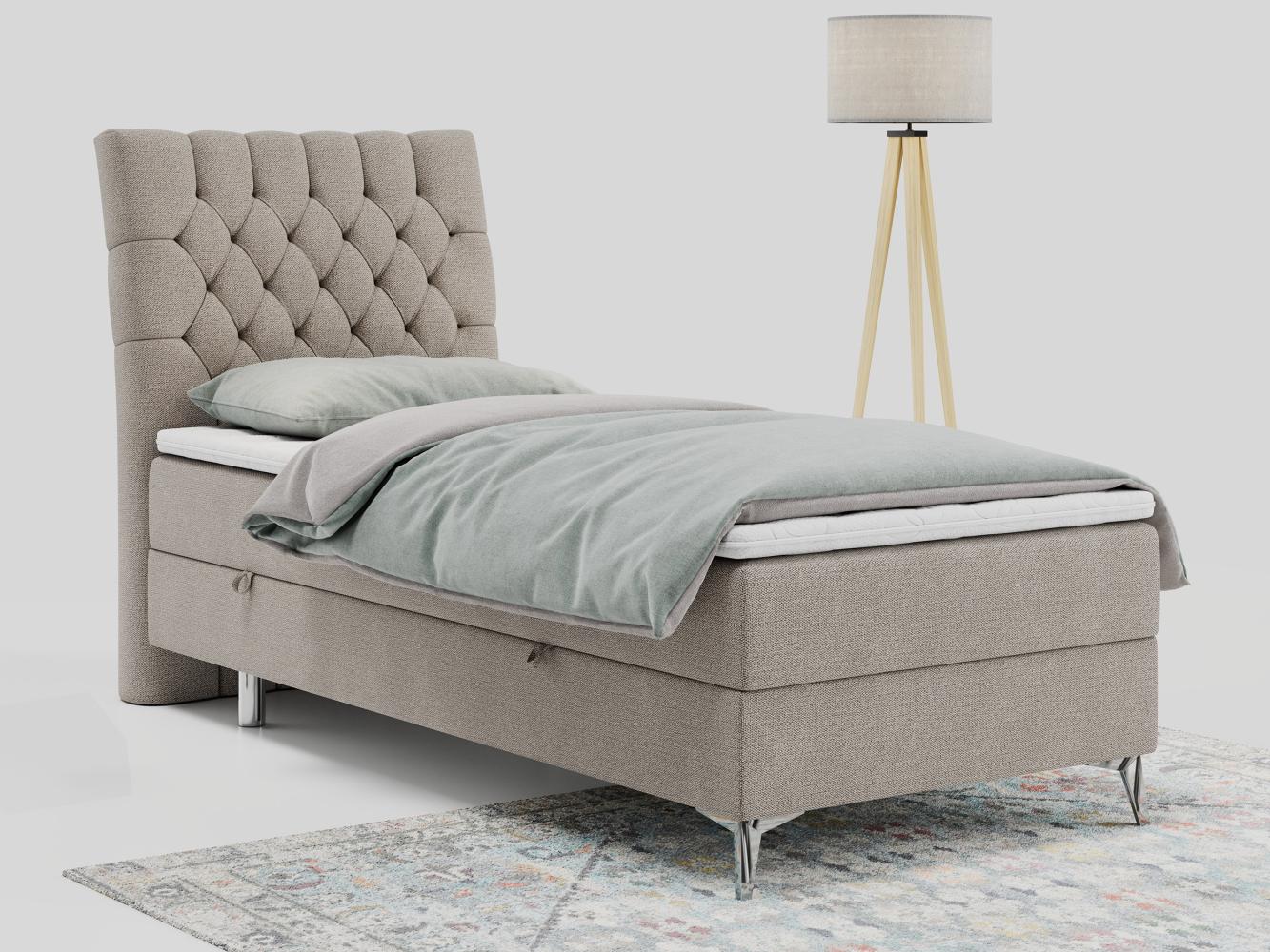 Boxspringbett MILEN, Einzelbett 90x200, Polsterbett mit Multipocket-Matratze und Topper - Beige stoff - links - H3 Bild 1