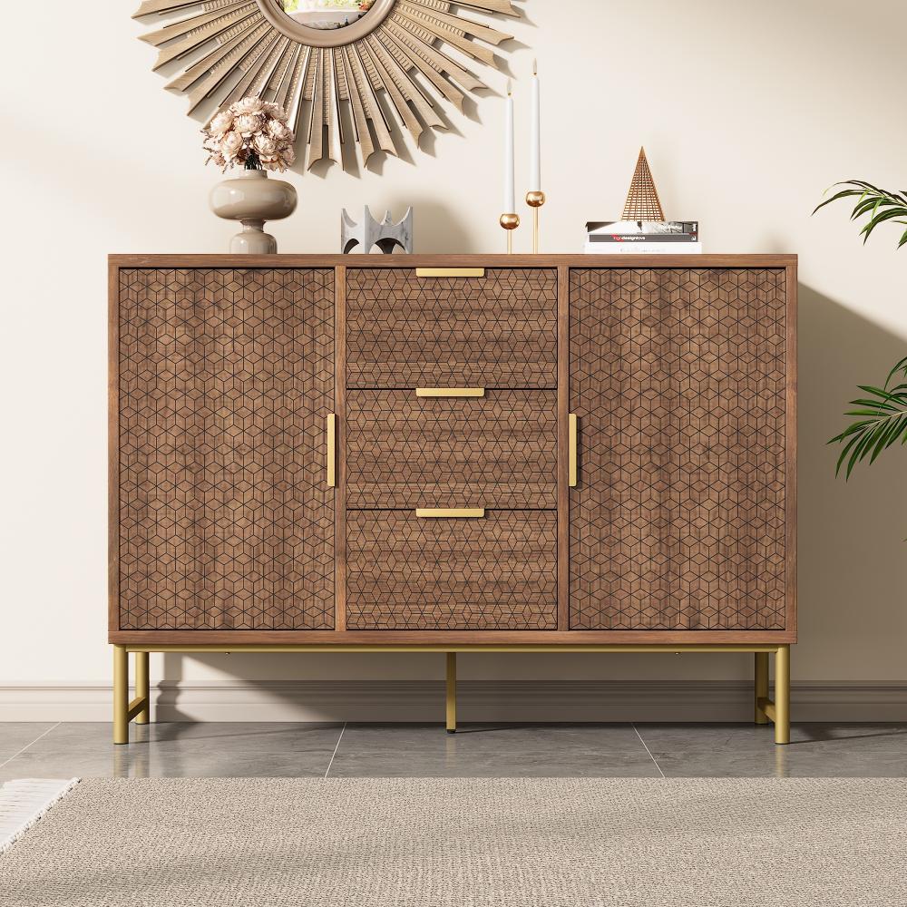 Merax Geprägte Struktur-Kommode, Sideboard mit Metallgriffen, Kommode mit 3 Schubladen und 2 Türen, verstellbare Fächer, kippsicher, 120 x 40 x 75 cm, Nussbaum Bild 1