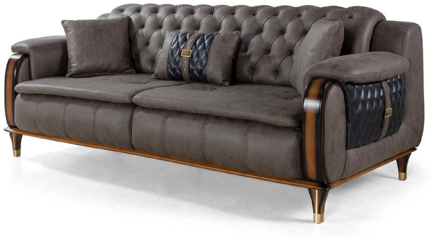 Casa Padrino Luxus Chesterfield Schlafsofa Grau / Dunkelblau / Braun / Schwarz / Gold 222 x 98 x H. 80 cm - Modernes Wohnzimmer Sofa - Luxus Wohnzimmer Möbel Bild 1