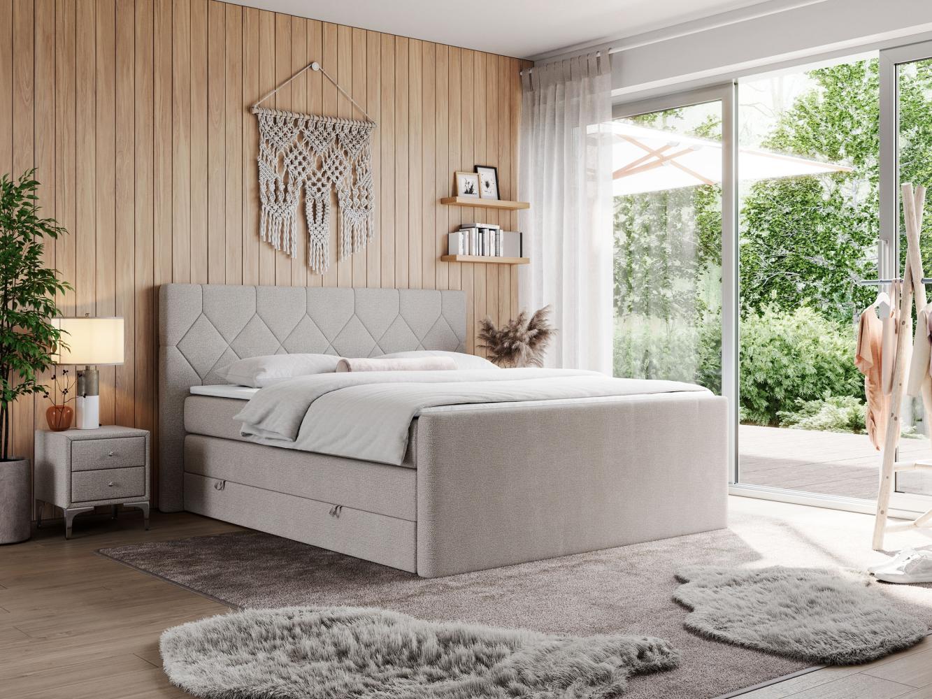 Boxspringbett KING EIGAR, mit einer Doppelmatratze, einem genähten Kopfteil - 140x200 - Beige Stoff - H3 Bild 1