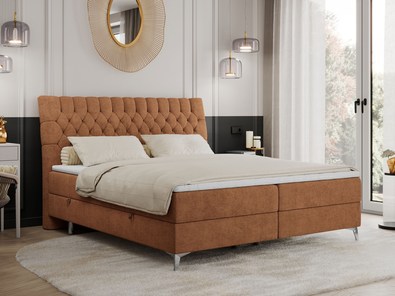 Boxspringbett mit 2 Bettkästen Matratze und Topper - MILEN - 200x200cm - Orange Stoff - H4 Bild 1