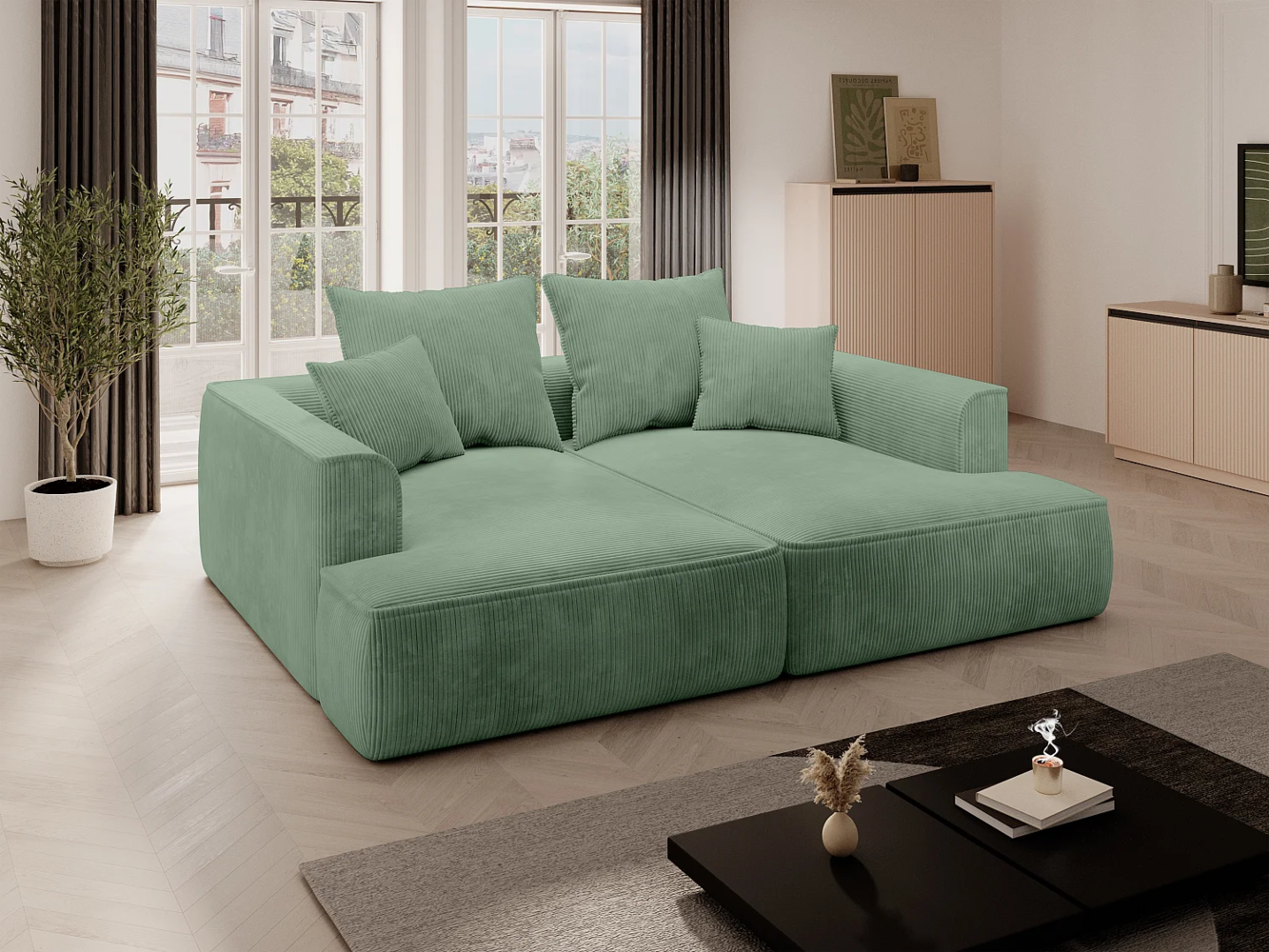 Vente-unique - Sofa 3-Sitzer - tiefe Komfortsitzfläche - Cord - Mandelgrün - PINETA Bild 1