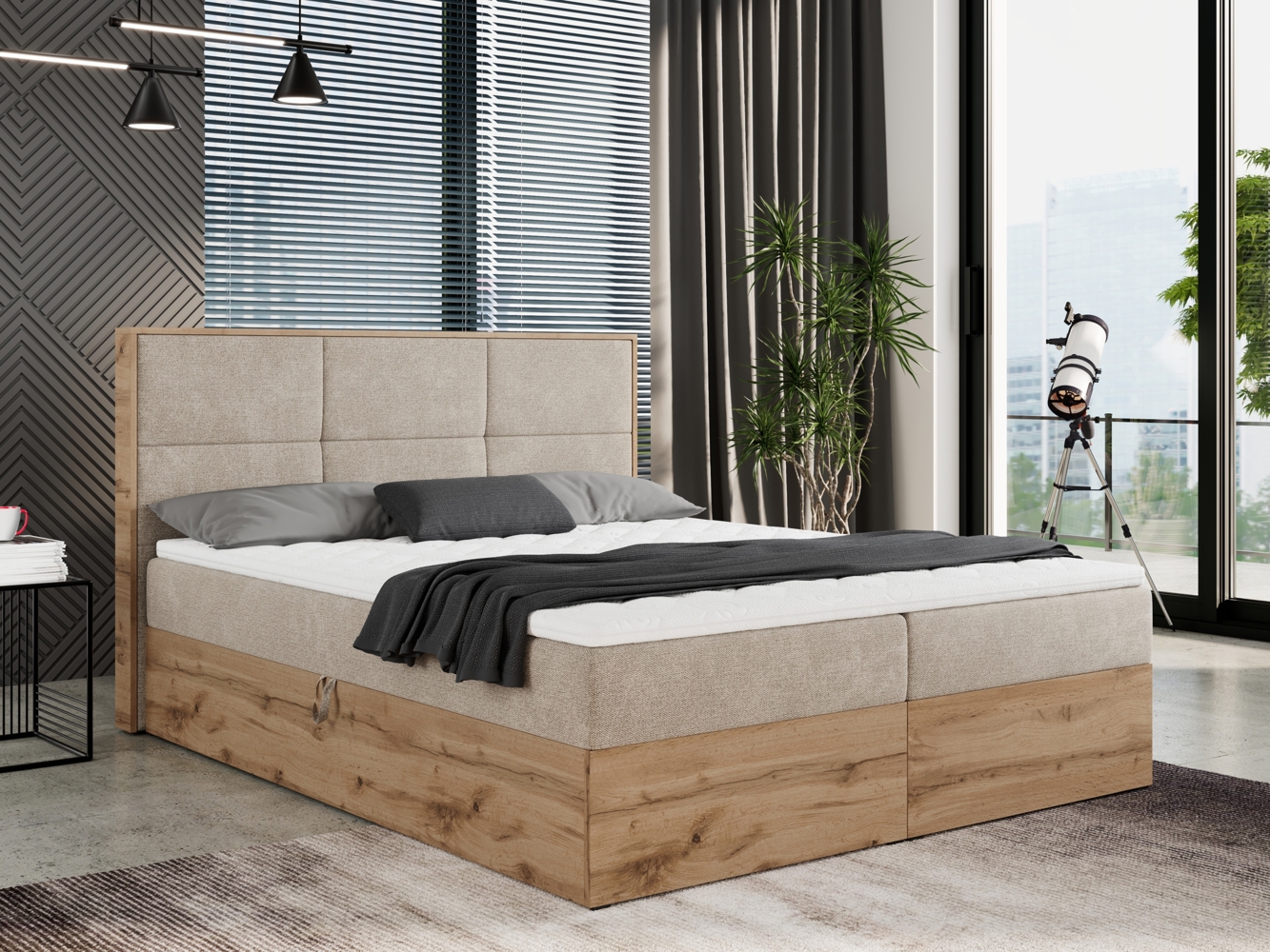 Boxspringbett mit Kopfteil und Topper, Polsterbett - ALBERO 2 - 160x200 cm - Beige Stoff - H3 Bild 1