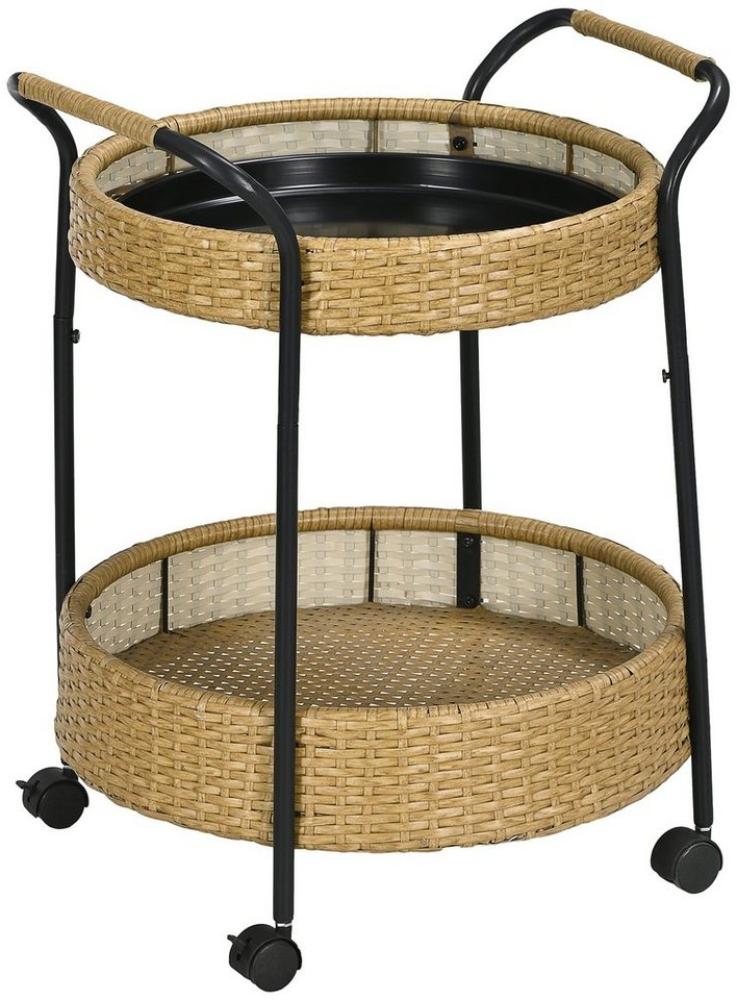 Outsunny Servierwagen Rattan Trolley mit 2 Regalen, (Barwagen, 1 St, Gartenrollwagen), für Balkon, Stahlrahmen, Natur, Φ50 x 66 cm Bild 1